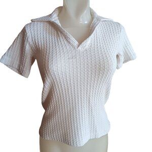 Small Vintage 80's Cream Short-Sleeve Textured Knit Collared Top Greenwalt Mom
